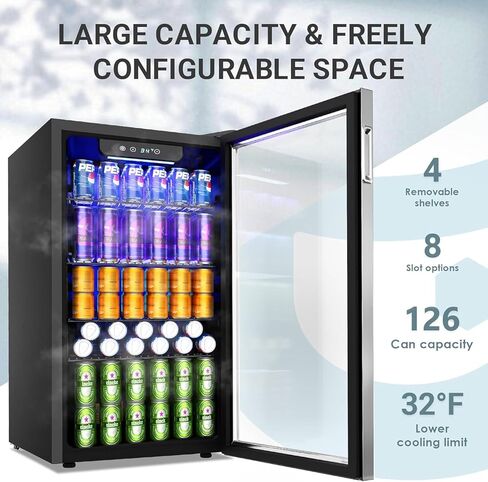 EUHOMY Mini Fridge 130 Can Beverage Refrigerator Cooler Glass Door for Soda Wine Beer, Beverage Cooler for Home, Bar, Office with Digital Temperature Control Adjustable Shelves, 3.2 Cu.Ft, Silver in Kuwait