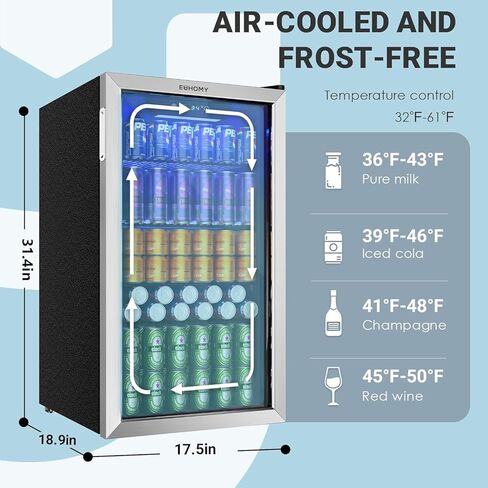 EUHOMY Mini Fridge 130 Can Beverage Refrigerator Cooler Glass Door for Soda Wine Beer, Beverage Cooler for Home, Bar, Office with Digital Temperature Control Adjustable Shelves, 3.2 Cu.Ft, Silver in Kuwait