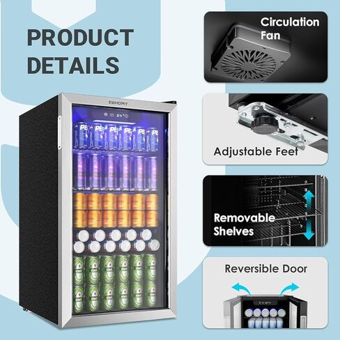 EUHOMY Mini Fridge 130 Can Beverage Refrigerator Cooler Glass Door for Soda Wine Beer, Beverage Cooler for Home, Bar, Office with Digital Temperature Control Adjustable Shelves, 3.2 Cu.Ft, Silver in Kuwait