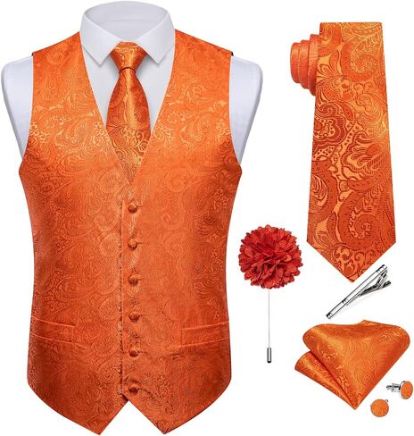 DiBanGu Mens Paisley Vest Tie Set with Lapel Pin Tie Clip 7PCS Silk Woven Necktie and V-Neck Suit Waistcoat for Tuxedo Party in Saudi Arabia