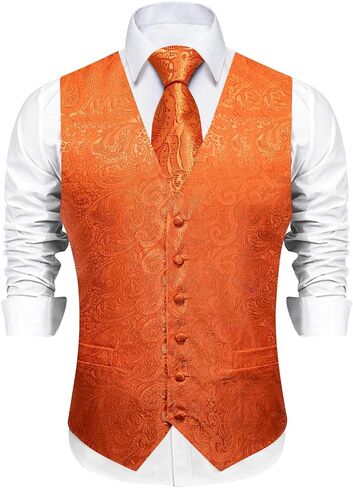 DiBanGu Mens Paisley Vest Tie Set with Lapel Pin Tie Clip 7PCS Silk Woven Necktie and V-Neck Suit Waistcoat for Tuxedo Party in Saudi Arabia