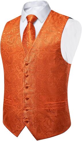 DiBanGu Mens Paisley Vest Tie Set with Lapel Pin Tie Clip 7PCS Silk Woven Necktie and V-Neck Suit Waistcoat for Tuxedo Party in Saudi Arabia