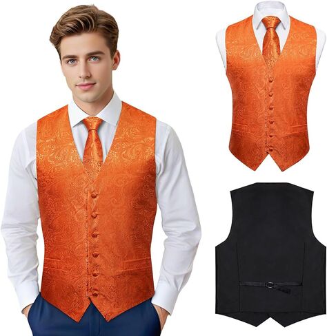 DiBanGu Mens Paisley Vest Tie Set with Lapel Pin Tie Clip 7PCS Silk Woven Necktie and V-Neck Suit Waistcoat for Tuxedo Party in Saudi Arabia