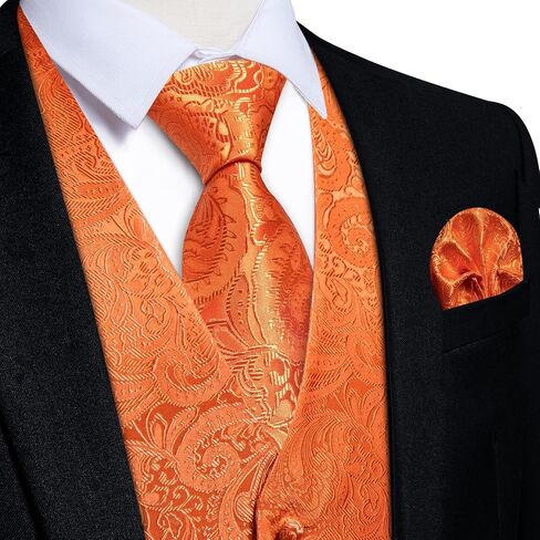 DiBanGu Mens Paisley Vest Tie Set with Lapel Pin Tie Clip 7PCS Silk Woven Necktie and V-Neck Suit Waistcoat for Tuxedo Party in Saudi Arabia