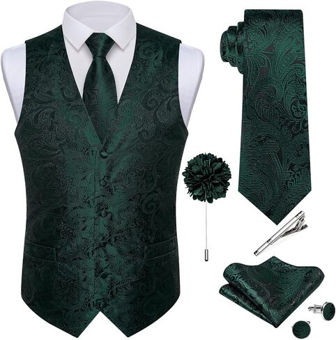 DiBanGu Mens Paisley Vest Tie Set with Lapel Pin Tie Clip 7PCS Silk Woven Necktie and V-Neck Suit Waistcoat for Tuxedo Party in Saudi Arabia