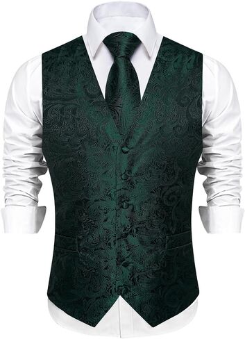 DiBanGu Mens Paisley Vest Tie Set with Lapel Pin Tie Clip 7PCS Silk Woven Necktie and V-Neck Suit Waistcoat for Tuxedo Party in Saudi Arabia