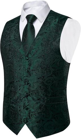DiBanGu Mens Paisley Vest Tie Set with Lapel Pin Tie Clip 7PCS Silk Woven Necktie and V-Neck Suit Waistcoat for Tuxedo Party in Saudi Arabia