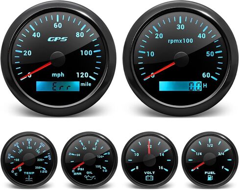 ARTILAURA 6 Gauge Set-85mm GPS Speedometer 120MPH, Tachometer, 52mm Fuel Level, Water Temperature, Oil Pressure, Voltage 7 Color Boat Gauges Kit for Marine AUTO (All Black) in Saudi Arabia