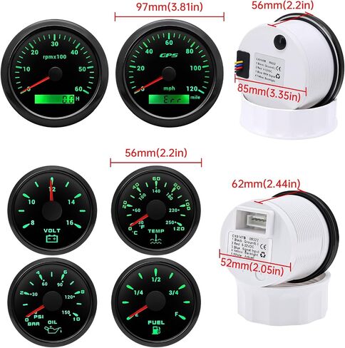 ARTILAURA 6 Gauge Set-85mm GPS Speedometer 120MPH, Tachometer, 52mm Fuel Level, Water Temperature, Oil Pressure, Voltage 7 Color Boat Gauges Kit for Marine AUTO (All Black) in Saudi Arabia
