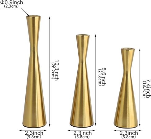 Vixdonos Brass Gold Taper Candlestick Holders Metal Candle Holdser مجموعة من 3 طاولة شمعة الزخرفة حامل لحفل الزفاف ، الطعام ، الحفلات ، ديكور المنزل (الذهب) in Kuwait
