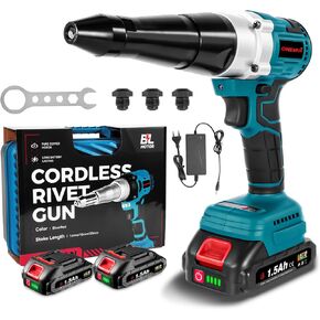 Cordless Rivet Gun with 2PCS Batteries and 1.2A Fast Charger, Brushless Electric Rivet Gun, 0.78" Stroke Length, Rivet Gun Kit for 1/8", 5/32", 3/16" Stainless & Aluminum Rivets