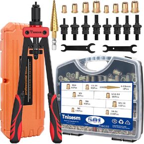 Tnisesm Rivet Nut Tool Kit, Professional Nutsert Tool Kit, with 8 Metric and SAE Mandrels, 501Pcs Rivet Nuts Assortment Kit, Rivet Nut Tool Suitable for Furniture, Automotive,Industrial Applications