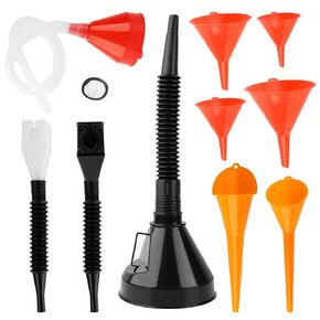 10 Pcs Automotive Funnels Set, Plastic Long Neck Oil Funnels, Universal Wide Mouth Fuel Funnels with Handle and Hose for Filling Coolant, Engine Oil, Gasoline