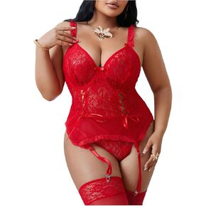 SOLY HUX Women's Plus Size Lace Mesh Lingeries Corset Garter Lingerie Set with Stockings Boudoir Outfits