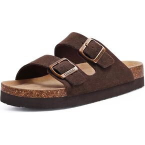 Platform Suede Sandals for Women Soft Cork Footbed Summer Slides with Adjustable Buckle
