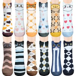12 Pairs Women's Cat Socks, Cute Animal Ankle Socks, Funny Novelty Gifts for Cat Lovers