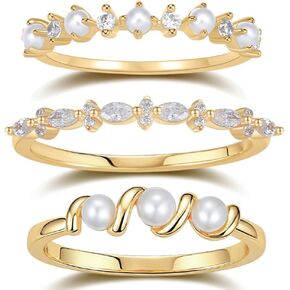 BLOSSOM & HUE Pearl & Cubic Zirconia Stacking Rings | Set of 3 | Mini Pearl Crystal Stacking Ring Bundle | Half Eternity Stackable Minimalist Delicate Dainty Bridal