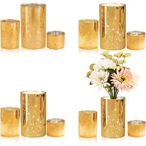 Gold Vases Glass Candle Holders Bulk, Mercury Hurricane Candle Holder for Tea Light Pillar Votive Candles Wedding Decor Party Centerpieces (4 Set 12Pcs)