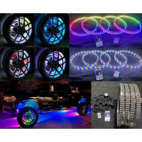 صف رباعي من جانب المزدوج - 8 برول ، LED LED 17.5 "Wheel Lights RGB متعددة الألوان LEDS Dynamic Flight Up Rim Rings for Car Truck Bluetooth Remote