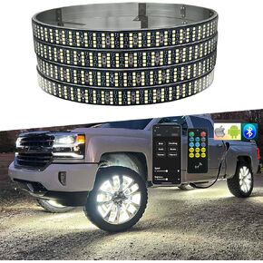 4Pcs 17in 4 Row Wheel Ring Lights for Car SUV RV ATV APP & RF Remote Control IP68 Waterproof Super Bright 1248LEDs Pure White LED Wheel Lights for Trucks