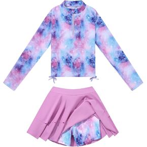 Girls Rash Guard Two Piece Swimsuit Long Sleeve UPF 50+ Bathing Suit Swim Skirt with Shorts Tankini Swimwear 4-10Y