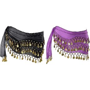 Anlising 2PCS Belly Dance Hip Scarf, Belly Dance Hip Skirt, Belly Dancing Skirt with 128 Gold Coins, Belly Dancing Skirt Hip Scarves, for Belly Dance Yoga Class, Women (Black, Purple)