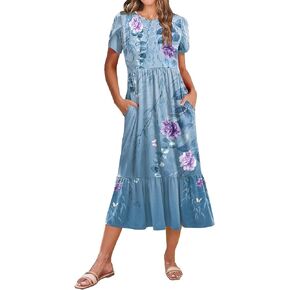 Zeagoo Women Summer Midi A Line Dress Short Sleeve Casual Flowy Tiered Beach Long Sundress with Pockets 2025 Vacation Travel