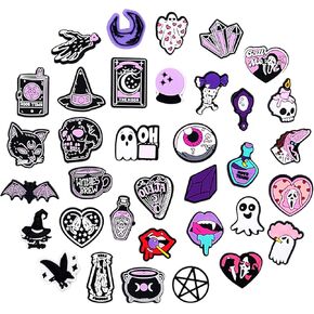 36pcs Horror Shoe Charms for Women, Halloween Witch Goth Shoe Decorations Charms Black Magic Pink Purple Accessories for Clogs Sandals Shoes, Birthday Gifts Party Favors Adults