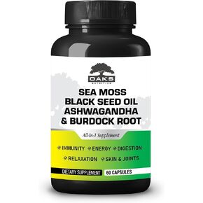 Sea Moss, Black Seed Oil, Ashwagandah & Burdock Root - Antioxidant Multivitamin Blend - 60 Capsules