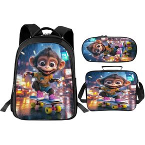 Monkey Backpack Set 3 Piece School Bags and Lunch Box with Pencil Case Funny Monkey Bookbag Set for Toddler Kids Girls Boys Teens Kindergarten Elementary Middle