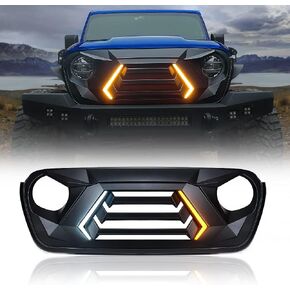 استبدال الشواية الأمامية Xprite متوافق مع 2018-2025 Jeep Wrangler JL JLU & 2020+ Gladiator JT ، مصبغة أسماك أسود غير لامعة مع تشغيل الإشارات وضوء