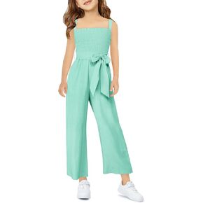 Haloumoning Girls Jumpsuit Kids Sleeveless Smocked Belted Wide Leg Romper with Pockets 5-14 Years