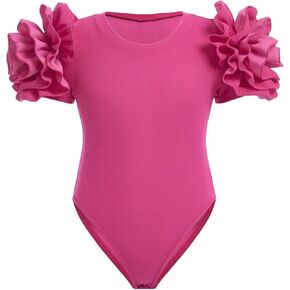 WDIRARA Toddler Girl's Ruffle Trim Cute Romper Round Neck Short Layered Sleeve Short Jumpsuit