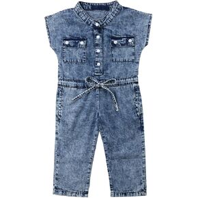 Little Girls Denim Jumpsuit Sleeveless Folded Collar Button-Down Outfit One-Piece Chest Pockets Long Pants Clothes
