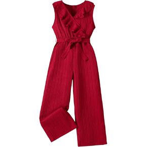 WDIRARA Girl's Ruffle Trim Wrap V Neck Sleeveless Cute Jumpsuit Belted High Waist Long Pants Romper
