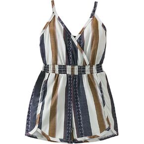 طباعة الفتاة مخططة Romper v Neck Smocked عالي الخصر بذلة كامي