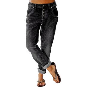 Flamingals Women's Stretchy Straight Leg Casual Low Rise Jeans Wash Button Fly Stitch Detail 90s Trendy Denim Jeans