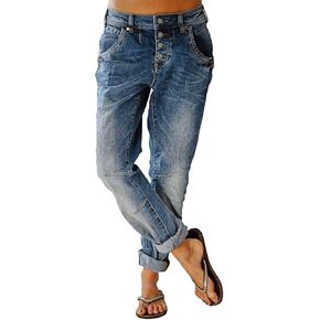 Flamingals Women's Stretchy Straight Leg Casual Low Rise Jeans Wash Button Fly Stitch Detail 90s Trendy Denim Jeans in Kuwait