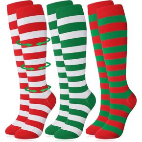 Chuarry 3 Pairs of Christmas Compression Socks for Women Striped Knee High Stockings 15-20mmhg Holiday Gifts for Support Work Nurses Pregnancy Travel
