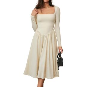 CHYRII Women Spring Fashion 2025 Square Neck Long Sleeve Casual A-Line Midi Dress