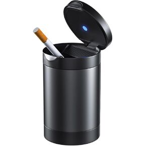 Augeny Car Ashtray with Lid, Zinc Alloy Detachable Auto Ashtray with Led Blue light, Mini Portable Ashtray Trash Can Fit for Most Vehicles, Universal Interior Car Accessories (Black)