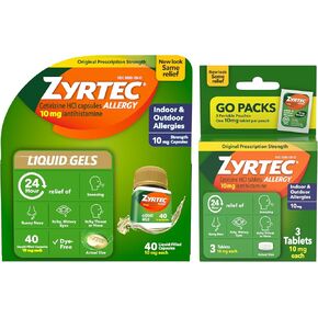 Zyrtec 24 ساعة من الحساسية الهلامية السائلة ، Cetirizine HCL Allergy Medicine للتخفيف طوال اليوم من سيلان الأنف ، العطس ، العيون الحكة والمزيد ، 40 CT + 3 CT حزمة السفر ، 43 كبسولات
