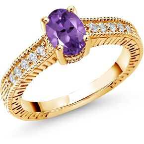 GEM Stone King 0.95 CT Oval Purple Purple Amethyst White Topaz 18k Ring Gold Gold Flaged Ring