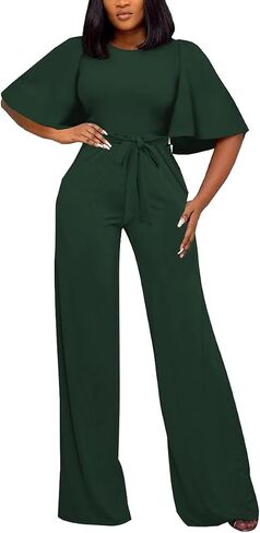 BessCops Womens Loose Short Sleeve Belted Wide Leg Pant Romper Jumpsuit Casual Business One Piece Outfits in Saudi Arabia