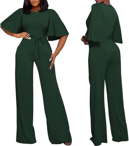 BessCops Womens Loose Short Sleeve Belted Wide Leg Pant Romper Jumpsuit Casual Business One Piece Outfits in Saudi Arabia