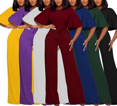 BessCops Womens Loose Short Sleeve Belted Wide Leg Pant Romper Jumpsuit Casual Business One Piece Outfits in Saudi Arabia