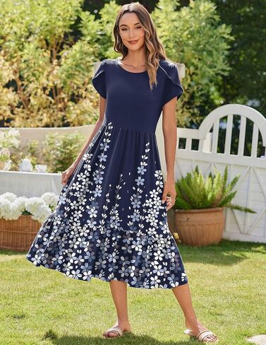 Zeagoo Women Summer Midi A Line Dress Dreve Short Disual Flowy Tiered Beach Long Sundress مع جيوب 2025 عطلات السفر in Saudi Arabia