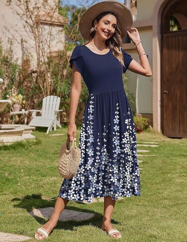Zeagoo Women Summer Midi A Line Dress Dreve Short Disual Flowy Tiered Beach Long Sundress مع جيوب 2025 عطلات السفر in Saudi Arabia