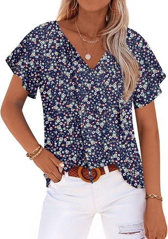 anydoll Womens Summer Blouse 2025 Boho Short Sleeve Tops v Neck Disual Dasy Chiffon Terts in Kuwait