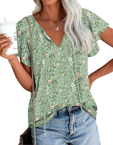 anydoll Womens Summer Blouse 2025 Boho Short Sleeve Tops v Neck Disual Dasy Chiffon Terts in Kuwait
